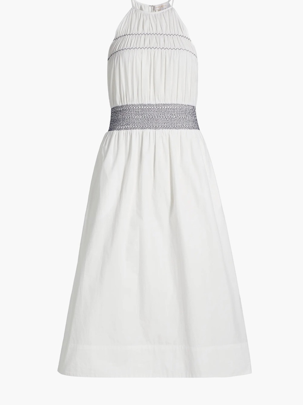 Ramy Brook White Halter Dress with Navy Smocked Waist